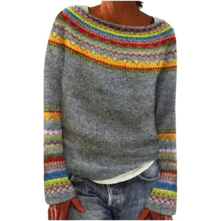 Ybing Kaschmir Pullover Damen,Norweger Pullover Damen Elegant Kaschmir Pulli Locker Rundhals Weihnachtspullover Herbst Winter Warme Strickpullover Langarm Fleecepullover Casual Winterpullover - M