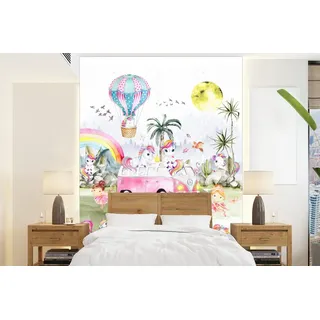 MuchoWow Fototapete Einhorn - Regenbogen - Kinder - Mädchen - Auto, Matt, bedruckt, Montagefertig Vinyl Tapete, Wandtapete, 175x240 cm bunt 1.75 m x 2 m