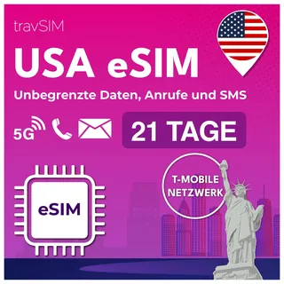 travSIM USA eSIM | T-Mobile Netz | Unbegrenzte Daten, Anrufe & Texte in den USA | e SIM Amerika funktioniert auf eSIM kompatiblen iOS & Android Geräten | e SIM Karte USA 21 Tage