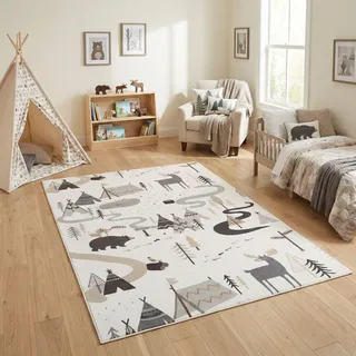 Carpetsale24 Kinderteppich Wald Tiere Spielteppich für Kinderzimmer in Creme mit Natur und Tier Motiv Größe 120x170 cm ideal als Spielteppich