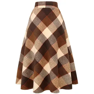 Ylingjun Langer karierter Wollrock für Damen, Winter, Herbst, warm, hohe elastische Taille, A-Linie, ausgestellt, plissiert, Wolle, Schottenkaroröcke, Big Plaid Kaffee, Mittel - M