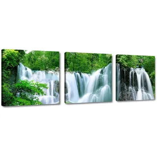 Visario Leinwandbild 150x50 cm 4212 Wasserfall Natur Landschaft Wald Wasser Grün Modern Wandbild Kunstdruck auf Leinwand fertig aufgespannt Holzrahmen Wohnzimmer Schlafzimmer Büro Wanddekoration 4212