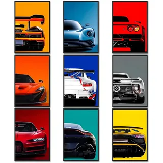 9 Stück Auto Poster SuperCar Poster Leinwand Art Prints Supersportwagen Wall Art für Jungen und Männer Rennwagen-Wandkunst für Büro, Schlafzimmer, Wohnzimmer, Garagendekoration (Unframe, 20 x 30 cm)