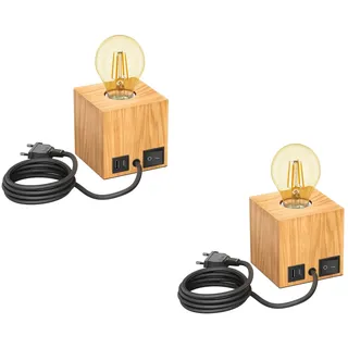 ledscom.de 2x Tischlampe HITO, Holz massiv, eckig, USB, inkl. E27 Lampe gold, 471lm, extra-warmweiß