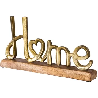 levandeo Home Aufsteller Schriftzug H17cm Metall Gold Holz Deko Mangoholz Tischdeko Wohndekoration