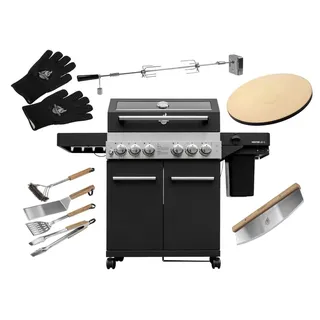 FEUERGOTT Gas-Grillstation Hektor 4B-S Pizza Set mit Abdeckhaube, Drehspieß, Pizzastein, Grillutensilien, Pizzaschneider, Infrarotbrenner, Heckbre...