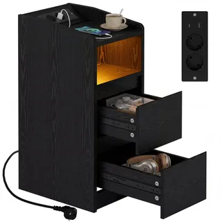 IRONCK Nachttisch Schmal, Beistelltisch mit Ladestation und LED, Schwarz | Bedside Table mit Offenem Fach für Schmale Räume Schlafzimmer, Wohnzimmer, 2 Schubladen,2 AC-Steckdosen,USB+Typ-C Anschlusse