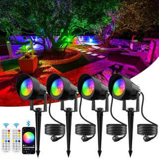 NATPOW Gartenbeleuchtung mit Strom RGB, 4 Stück LED Smart Gartenbeleuchtung Bunt, Gartenleuchte LED mit APP und Fernbedienung, IP65 Wasserdichte Gartenstrahler mit Erdspieß für Garten, Terrasse, Wegen