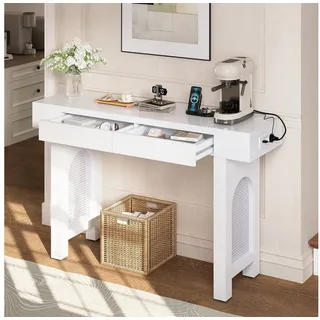 BlingBin Konsolentisch Schmaler Beistelltisch Flurtisch (1-St., mit 2 Schubladen, Steckdosenleisten und verstellbaren Fußpolstern), 120×35.5×76.5 cm, Gitterdesign, für Diele, Flur, Wohnzimmer weiß