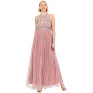 Maya Deluxe Damen Womens Ladies Bridesmaid Maxi Dress Halter Neck Sequin Embellished Prom Graduation Wedding Brautjungfernkleid, Vintage Rosenmuster, 36