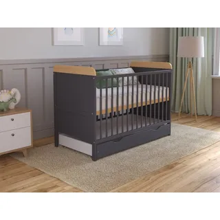 Babybett Beistellbett 120x60 cm mit Schublade & Matratze - Kinderbett Gitterbett Baby Bett Holz Anthrazit-Kiefer,Umwandelbar in Juniorbett