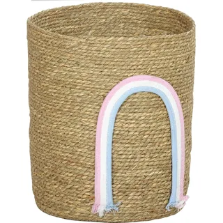HOMCOM Aufbewahrungskorb Geflochten, Seegras Korb, Wäschekorb mit Regenbogen-Dekoration für Organisieren von Spielzeug und Kleidung fürs Kinderzimmer, Natur, 30x30x35 cm   Aosom