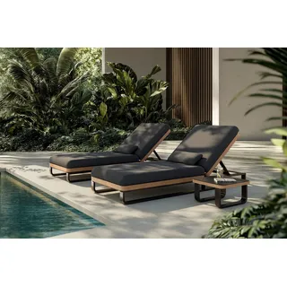 PLOSS Solera Gartenliegen 2er Set, anthrazit/schwarz, Alu/Polyester/Schaumstoff, 200 x 75 cm, verstellbare Rückenlehne, inkl. Beistelltisch