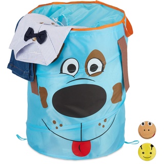 Relaxdays Pop-Up Wäschekorb für Kinder, Tiermotiv Hund, Faltbar, 39 l Stauraum, Aufbewahrungskorb HxD: 43 x 34 cm, blau