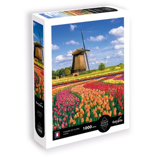 Calypto 3907051 Tulpenfeld, 1000 Teile Puzzle mit Soft-Touch, Landschaftspuzzle mit samtiger Oberfläche, für Erwachsene und Kinder ab 9 Jahren, Holland, Mühle, Blumen