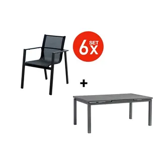 acamp Garten-Essgruppe 7-teiliges Stapelstuhl Set Hollywood inkl. ausziehbarer Tisch, (Gartenmöbel Set), stapelbar, Sitzgruppe, Lounge-Set, Gartentisch 180 -240x110x70 cm grau