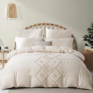 Sedefen Beige Bettwäsche 155x220 cm Baumwolle Tufted Getuftet Böhmisch Exquisite Stickerei Unifarben Bettwäsche Mädchen Elegant Bettbezug und Kissenbezug 80x80cm mit Reißverschluss