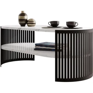 Mirjan24 Couchtisch mit Ablage Fahugin I, Ovale Form, Beine aus Metall, Kaffeetisch, Wohnzimmertische, Beistelltisch, Sofatisch, Teetisch (Bianco Marmor, Schwarz)