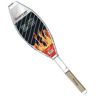XXL Fischbräter 39x15cm Fischgriller Fischzange Grillkorb Grillwender Grillaufsatz mit Holzgriff Stahl verchromt