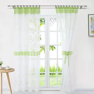 Delien Voile Gardinenschals Transparente Gardinen mit Kräuselband Modern für Wohnzimmer Dekoschal Stores Flächenvorhänge Landhaus Fenster Schals Vorhang mit Stickerei 1 St.,BxH 140x145cm,Grün