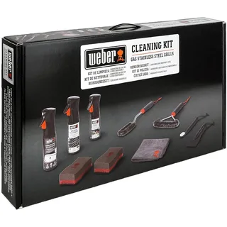 Weber Reinigungsset für Edelstahl-Gasgrills | 300 ml Grillrost-Reiniger, 300 ml Edelstahl-Reiniger, 200 ml Non-Stick Spray, 3 Grillb., Schaber, Mikrofasertuch, 2 Schwämme