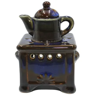 Dekohelden24 Duftlampe/Aromalampe/Duftlicht/Duftstövchen als Herd mit Kanne, aus Keramik in dunkelblau, Größe: L/B/H ca. 10 x 10 x 15 cm