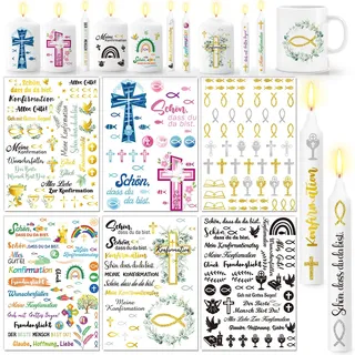 DPKOW 6 Blatt Konfirmation Kerzen Tattoo Folie, DIY Konfirmation Wasserschiebefolie Kerzen Dekoration Konfirmation Kerzenfolie Taufe Firmung Kommunion Kerzentattoos Konfirmation Aufkleber Kerzen