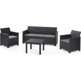 Keter Lounge Set Emma für 5 Personen, 3er Sofa + 2 Sessel + Tisch + Sitzauflagen, graphit - Grau