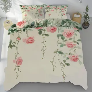 Generisch Pastoral Blumen Bettwäsche 200x200 cm mit 2 Kissenbezug 80x80 cm, Romantisch Rose Bettbezug Mikrofaser Weiche Atmungsaktiv mit Reißverschluss Wendebettwäsche Bügelfrei fgds330