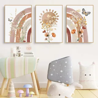 Herfair 3er Set Poster Kinderzimmer Deko Regenbogen Sonne Blume und Schmetterling Bilder, Kinderzimmer Deko Bilder Set Junge Mädchen Babyzimmer Kinderbilder (40x50cm)
