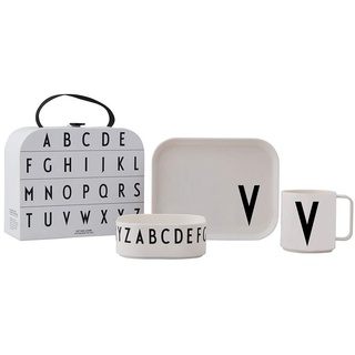 Design Letters Eat & Learn Tritan Suitcase Geschenkset für Baby und Kinder (Weiß) - V - BPA-frei, Enthält 3 Stück, 1 Teller, 1 tiefer Teller & 1 Tasse, Erhältlich von A-Z, Drop-safe, spülmaschinenfest