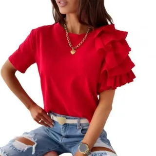 Wxbc Modebluse Damen elegant weiß einfarbig geschichtet Rüschen Kurzarm asymmetrisch locker T-Shirt Top für Sommer Damen Blusen-Rot,2XL