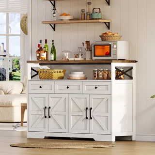 Buffet-anrichte 140cm Mit Stauraum, Kaffeebar Mit 3 Schubladen, Konsole Im Landhausstil Mit Türen, Schränke Mit Einlegeböden, Geeignet Für Küche, Wohnzimmer, Diele, Rustikaler Stil Weiß/braun