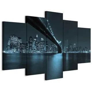 B&D XXL - Wandbilder XXL New York 100x50 cm - Leinwandbilder - Fertig Aufgespannt - Vlies Leinwand - 5 tlg - Wandbilder XXL - Kunstdrucke - Wandbild - City Stadt Panorama Brücke schwarz blau