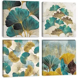 4er Set Leinwandbilder Ginkgo Biloba Blätter Kunstdruck - Moderne