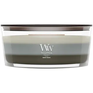 Woodwick Das heiße Warmes Holz Trilogy Kamin, Mammutbaum, Sandelholz Nelke Dekorative Duftkerze im ovalformigem Glasgefäß, 453.6 g, Glas, Weiß-grau-dunkel Grau/durchsichtig, 11.1 x 18.9 x 8.8 cm