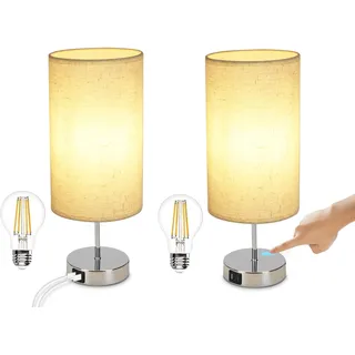 GBLY Nachttischlampe Touch Dimmbar 2er Set - Modern Tischlampe mit USB Anschlüsse, Schlafzimmer Nachttisch Lampe mit Ladefunktion, Chrom Bettlampe mit Stoffschirm, Tischleuchte E27 für Hotel Bett