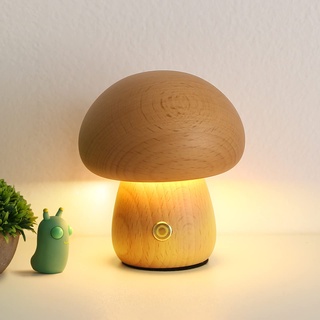 Pilzlampe für Schlafzimmer, tragbare dimmbare Nachttischlampe mit USB-Aufladung, kabelloses Nachtlicht aus Holz, Pilz-Tischlampe für Heimdekoration (Mittel, Buche D)
