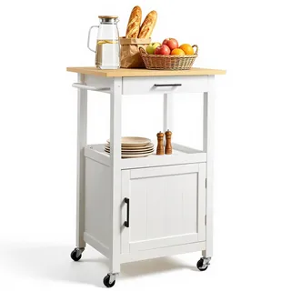 Vevor Kücheninselwagen mit Einzeltürschrank, mobiler Wagen mit Schublade & Handtuchhalter & Haken, tragbarer Tisch auf Lenkrollen, kleine Kaffeeinseln, Mikrowellenständer für Esszimmer Weiß