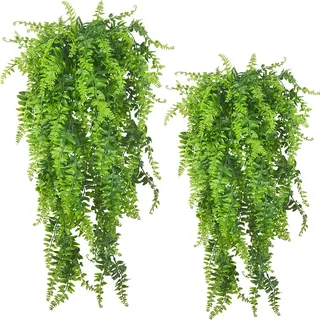 Künstliche Pflanzen Reben Farne Persischer Rattan Gefälschte hängende Pflanze Faux hängend Boston Farn Blumen Rebe Draussen UV-beständige Kunststoffpflanzen zum Wand Hängende Körbe Dekor-2Stck