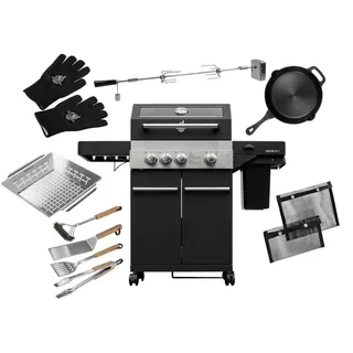 FEUERGOTT Gas-Grillstation Hektor 3B-S BBQ Set mit Abdeckhaube, Drehspieß, Grillzubehör, 2 Brenner, Infrarotbrenner, Seitenkocher