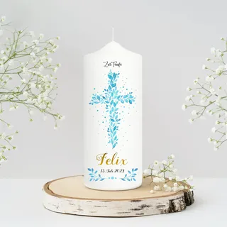 Wandtattoo Loft Taufkerze Junge personalisierte Patenkerze, Motiv mit blauen Kreuz aus Blättern, 18cm x 7cm, personalisierte Kerze, bedruckte Kerze Taufe, Stumpenkerze, Taufgeschenk
