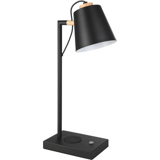 EGLO LED Tischlampe Lacey, Nachttischlampe mit QI-Ladefunktion, Tischleuchte Touch dimmbar aus Holz in Natur, Metall in Schwarz und Creme, Schlafzimmer Tisch Lampe, warmweiß