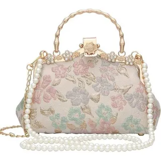 Rückenbeutel in Retro-Stil mit Kettenglied und Messenger-Clutch in chinesischem Stil mit Wasserhahnmotiv und Jacquard-Bordüre für Damen (Goldros... - Rosa