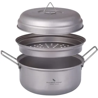iBasingo 1800ml Camping Topf Titan Dampfgarer Suppentopf Set mit Deckel Indoor Outdoor Tragbares Teetablett Suppentopf Pfanne Reise Wandern Leichte Küche Geschirr Kochset Ti2058C