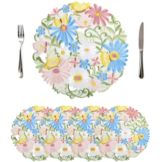 Komforbaa 4er Set Platzsets Rund 35cm Polyester Blaue Gänseblümchen, Tischsets Bestickt Waschbar Langlebig, Platzdeckchen Durchbrochen Bunt Schmetterling Deko