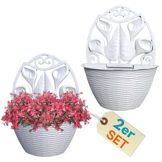 GarPet 2x Blumentopf Wand Blumentopf Wandmontage Wandblumentopf Wandvasen für Pflanzen Halterung 32 cm Weiß Rattan