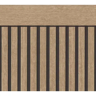 A.S. Création Tapete Holzoptik Braun Schwarz 397444 - Vliestapete Akustikpaneele - skandinavische Sockelpaneel Optik im Querformat - 5,00m x 1,06m - Made in Germany