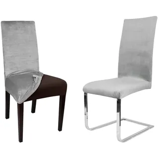 Beautex Stuhlhusse Lea Stuhlhussen, Samt Mikrofaser Stuhlbezug, elastische Stretch Husse grau|silberfarben