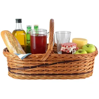 WIKLER Tablett Serviertablett aus Weide mit festem Henkel und Bodenplatte mit Motiven zur Auswahl – 56×39×30 cm – handgeflochtenes Korbtablett für Frühstück, Deko oder Präsent (Rote Flaschen)